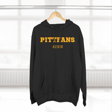 Black hoodie with 'PITTFANS' text on a hanger against a white background