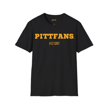 Black t-shirt with yellow text 'PITTFANS 412 GRIT' on a white background