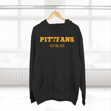 Black hoodie with 'PITTFANS' text on a hanger against a white background