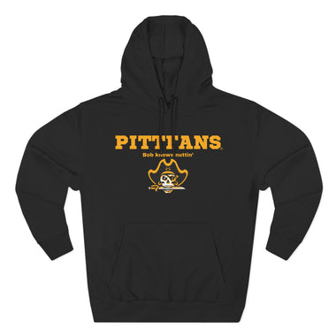 Black hoodie with yellow text and logo on a white background