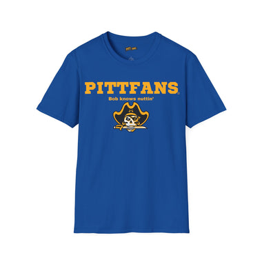 Black t-shirt with yellow 'PITTFANS' text and skull design on a white background