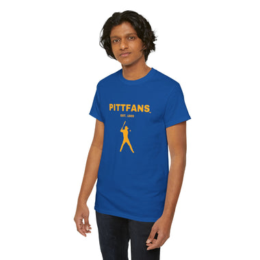 PITTFANS Est. 1869. Royal blue with gold text and baseball hitter T-shirt. 