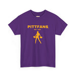 PITTFANS™ Cheerleader Est. 1955 purple T-shirt with cheerleader and text in gold 