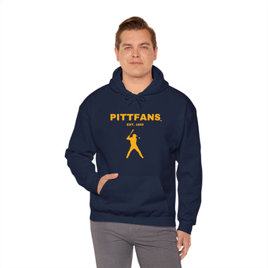 This classic fit PITTFANS™ Est. 1869 Baseball hooded sweatshirt. Blue with gold text and baseball hitter.