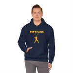 This classic fit PITTFANS™ Est. 1869 Baseball hooded sweatshirt. Navy Blue with gold text and baseball hitter.