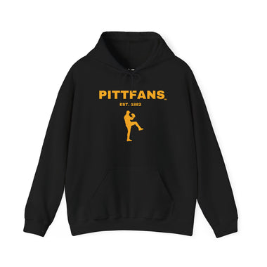 PITTFANS Est. 1882 with baseball pitcher. Black with gold text and design.