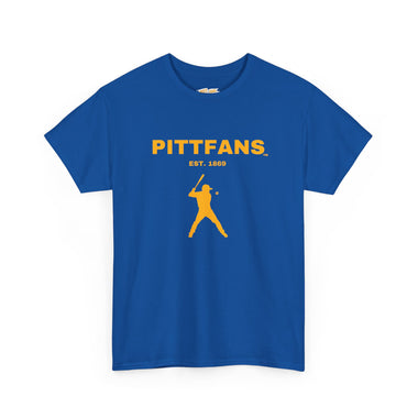 PITTFANS Est. 1869. Royal blue with gold text and baseball hitter T-shirt. 