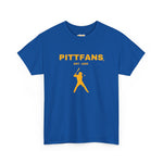 PITTFANS Est. 1869. Royal blue with gold text and baseball hitter T-shirt. 