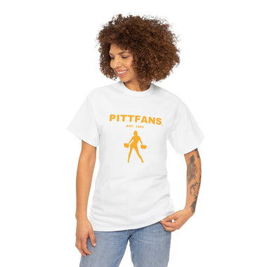 PITTFANS™ Cheerleader Est. 1955 white T-shirt with cheerleader and text in gold 