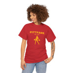 PITTFANS™ Cheerleader Est. 1955 red T-shirt with cheerleader and text in gold 