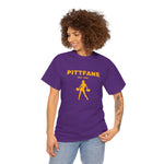 PITTFANS™ Cheerleader Est. 1955 purple T-shirt with cheerleader and text in gold 