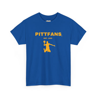 PITTFANS Est. 1905 basketball with flying basketball player. Royal blue with gold text.