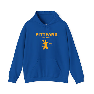 PITTFANS Est. 1905 Basketball royal blue hoodie with gold flying basketball player.