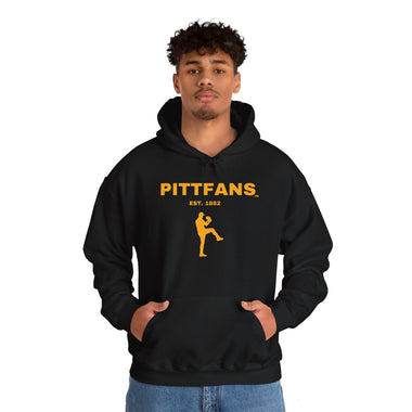 PITTFANS Est. 1882 with baseball pitcher. Black with gold text and design.