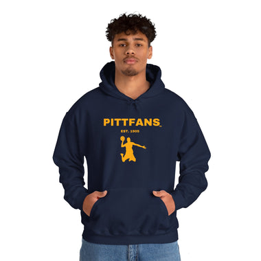 PITTFANS Est. 1905 Basketball royal blue hoodie with flying basketball player.