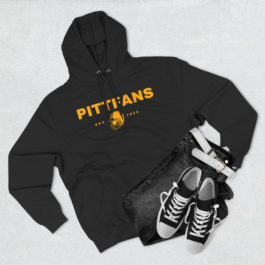 Black hoodie with 'PITTFANS' text and yellow logo, paired with black jeans and sneakers on a light gray background.