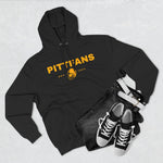 Black hoodie with 'PITTFANS' text and yellow logo, paired with black jeans and sneakers on a light gray background.