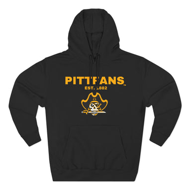 Black hoodie with yellow 'PITTFANS' text and skull design on a white background