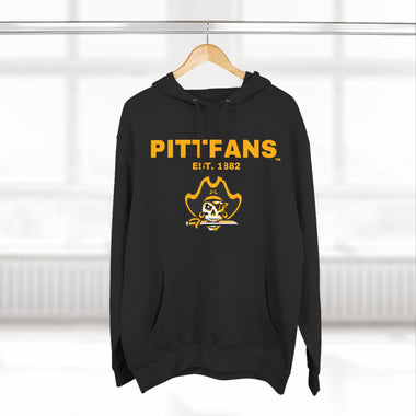 Black hoodie with 'PITTFANS' text and logo on a hanger against a white background
