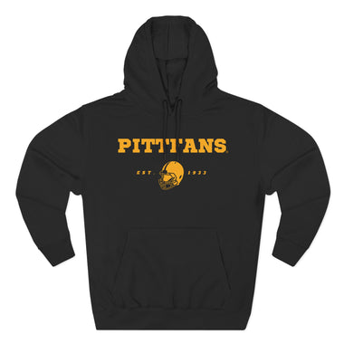 Black hoodie with 'PITTFANS' text and helmet graphic on a white background