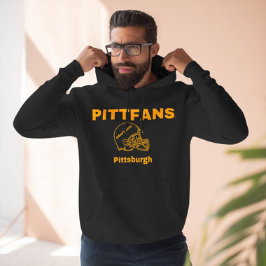 Man wearing a black hoodie with 'PITTFANS Pittsburgh' text and logo.