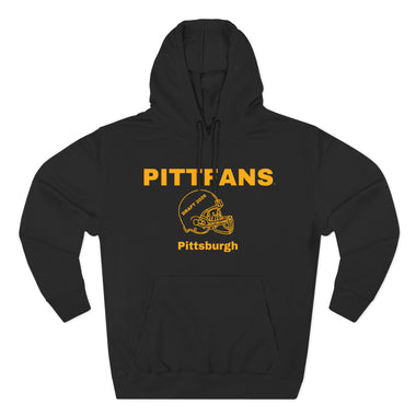 Black hoodie with yellow 'PITTFANS' text and helmet graphic on a white background