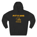 Black hoodie with yellow 'PITTFANS' text and helmet graphic on a white background