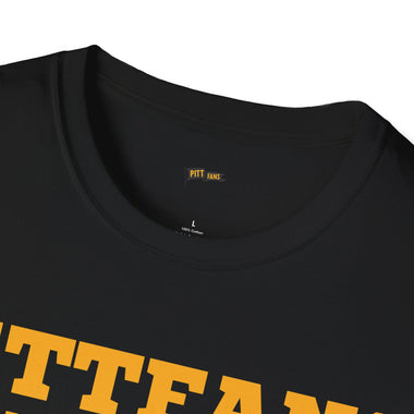 Black t-shirt with yellow text and 'PITT FANS' branding on a white background