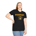 Person wearing a black t-shirt with 'PITTFANS' printed on it against a white background