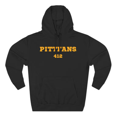 Black hoodie with 'PITTFANS 412' text in yellow on a white background