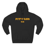 Black hoodie with 'PITTFANS 412' text in yellow on a white background