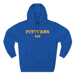 Blue hoodie with 'PITTFANS 412' text in yellow on a white background