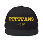 Black cap with yellow text 'PITTFANS 412 DNA' on a white background