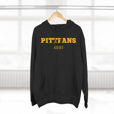 Black hoodie with 'PITTFANS' text on a hanger against a white background