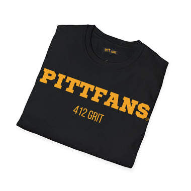 Black sweatshirt with 'PITTFANS 412 GRIT' text on a white background