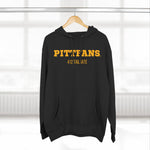 Black hoodie with 'PITTFANS' text on a hanger against a white background