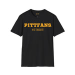 Black t-shirt with yellow text 'PITTFANS 412 TAILGATE' on a white background