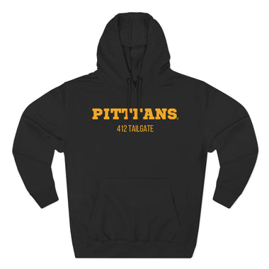 Black hoodie with yellow text 'PITTFANS 412 TAILGATE' on a white background
