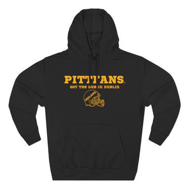 Black hoodie with yellow text and helmet graphic on a white background