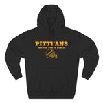 Black hoodie with yellow text and helmet graphic on a white background