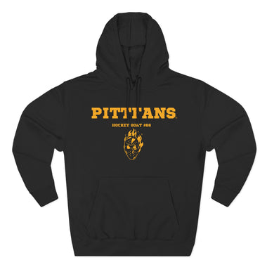 Black hoodie with yellow text and logo on a white background