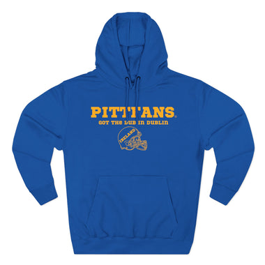 PITTFANS Blue hoodie with yellow text and logo on a white background