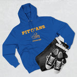 Blue hoodie with 'PITTFANS' and 'Pittsburgh' text, black jeans, and black sneakers on a light gray background
