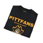 Black t-shirt with yellow text and logo on a white background