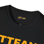 Black t-shirt with yellow text and 'PITT FANS' label on a white background