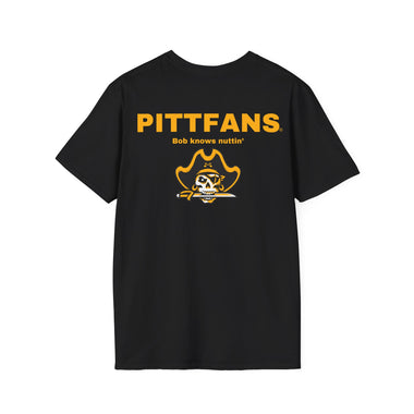 PITTFANS  text Black t-shirt with yellow and white graphics and text on a white background