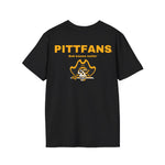 PITTFANS  text Black t-shirt with yellow and white graphics and text on a white background