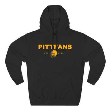 Black hoodie with 'PITTFANS' text and logo on a white background