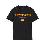 Black t-shirt with 'PITTFANS' and number '12' in yellow on a white background