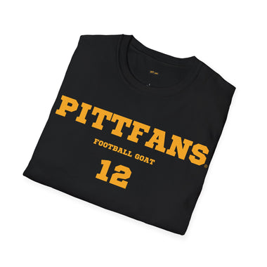 Black t-shirt with 'PITTFANS FOOTBALL GOAT 12' text in yellow on a white background